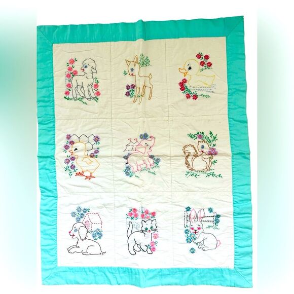 Handcrafted Hand Embroidered Baby Blanket with Animals Baby Shower Gift - Picture 1 of 12